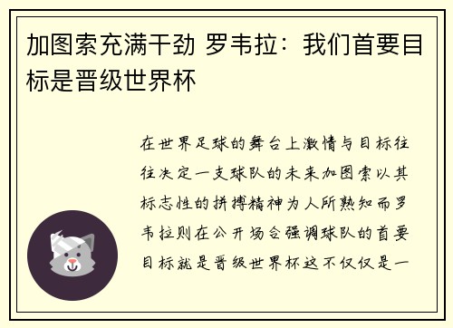 加图索充满干劲 罗韦拉：我们首要目标是晋级世界杯